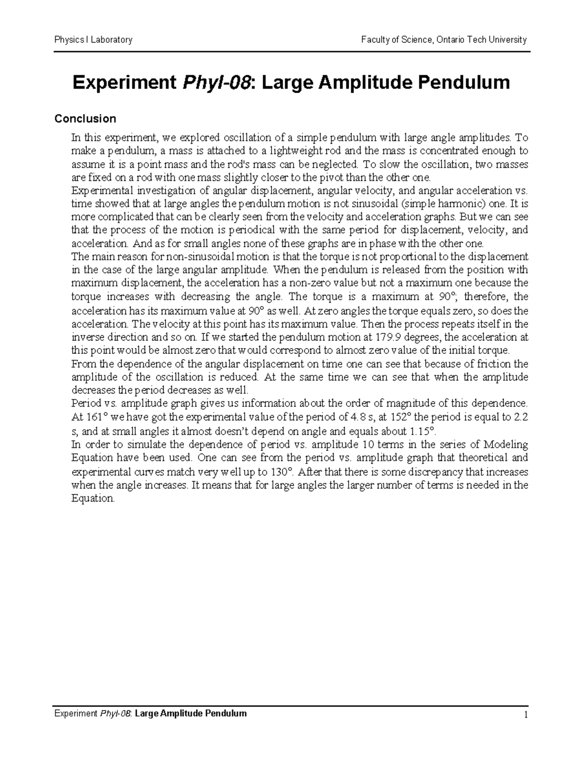 Example Conclusion Physics I Laboratory Faculty of Science, Ontario