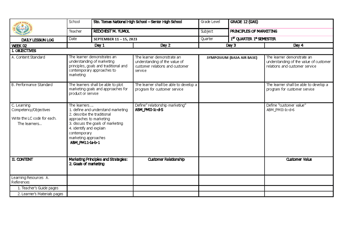 Principles OF Marketing Week 3 - School Sto. Tomas National High School ...