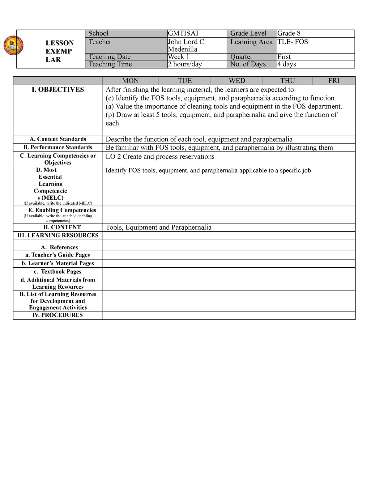 Lesson-exemplar-tle-fos-8-week-1 compress - Medical Technology - Studocu