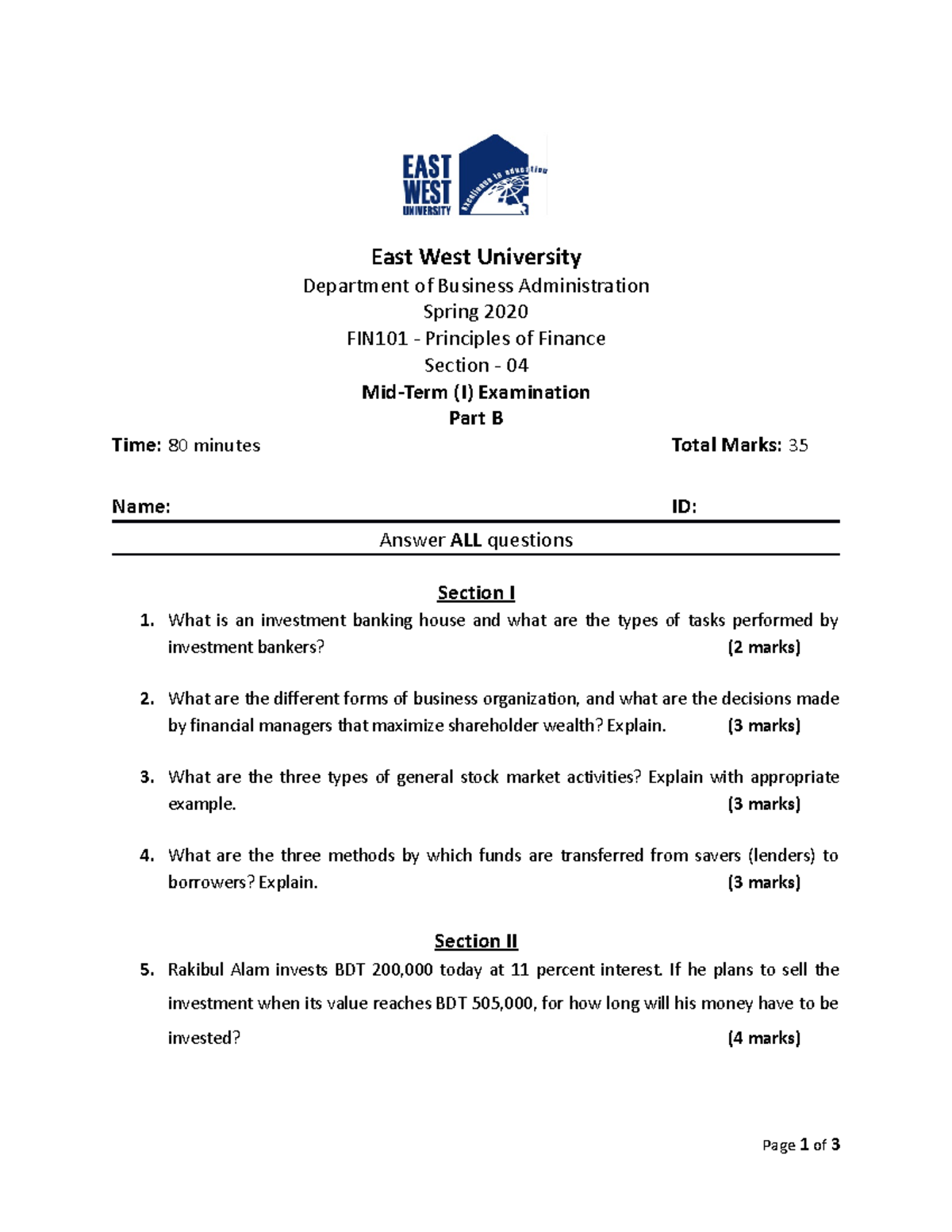 Mid Term I Question Part B East West University Department of