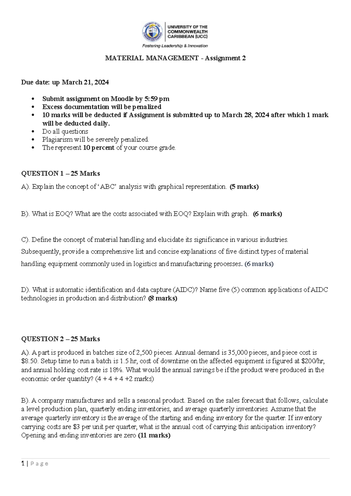 POM Assignment 3 - MATERIAL MANAGEMENT - Assignment 2 Due date: up ...