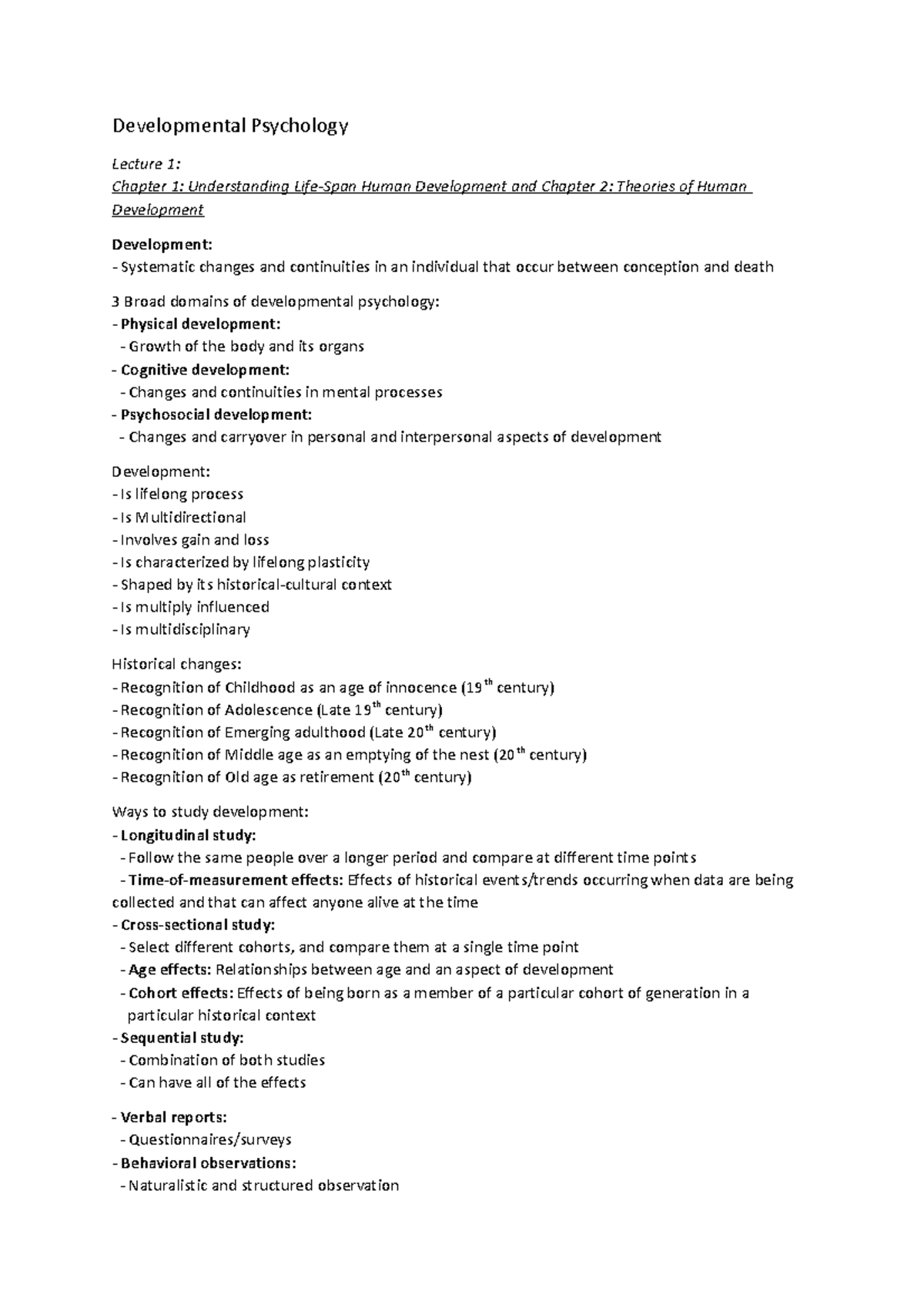Summary Developmental psychology - Developmental Psychology Lecture 1 ...