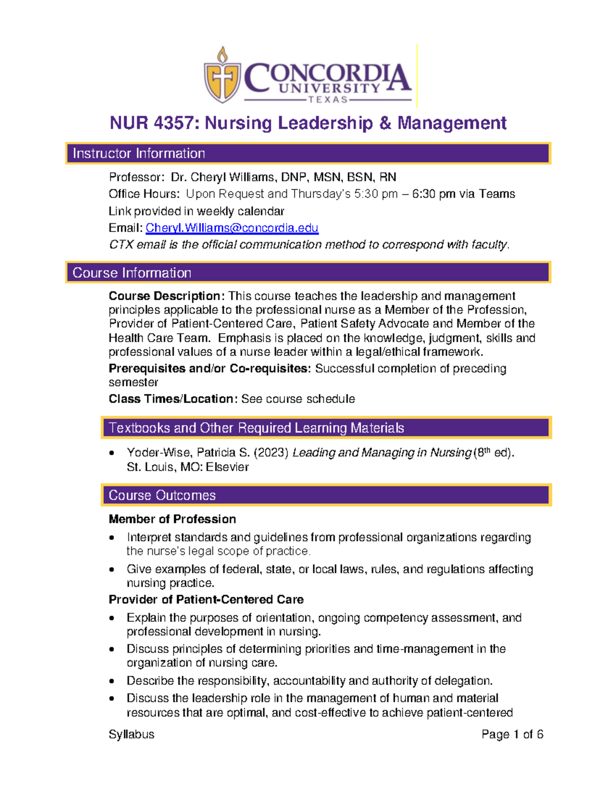 NUR 4357 Nursing Leadership Management Syllabus Fall 2023-ABSN - NUR ...