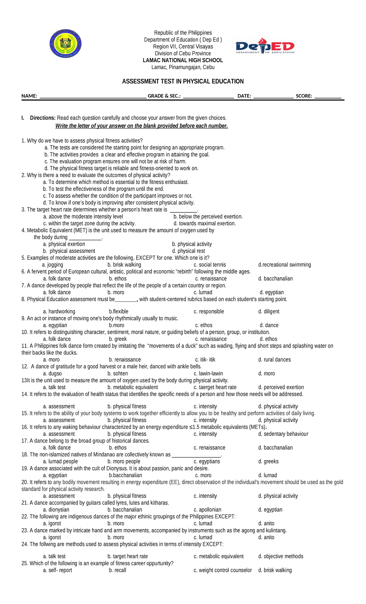 Assessment in PE 1,2,3(5-6) - Republic of the Philippines Department of ...
