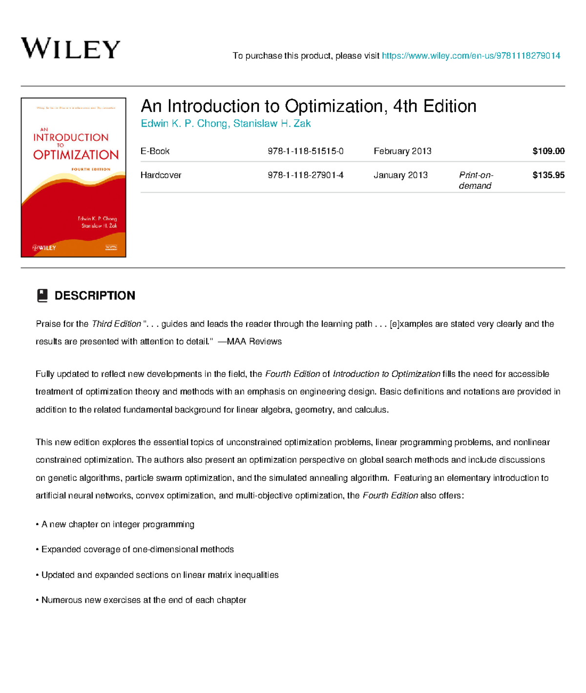 Wiley An Introduction to Optimization, 4th Edition 978-1-118-27901-4 ...