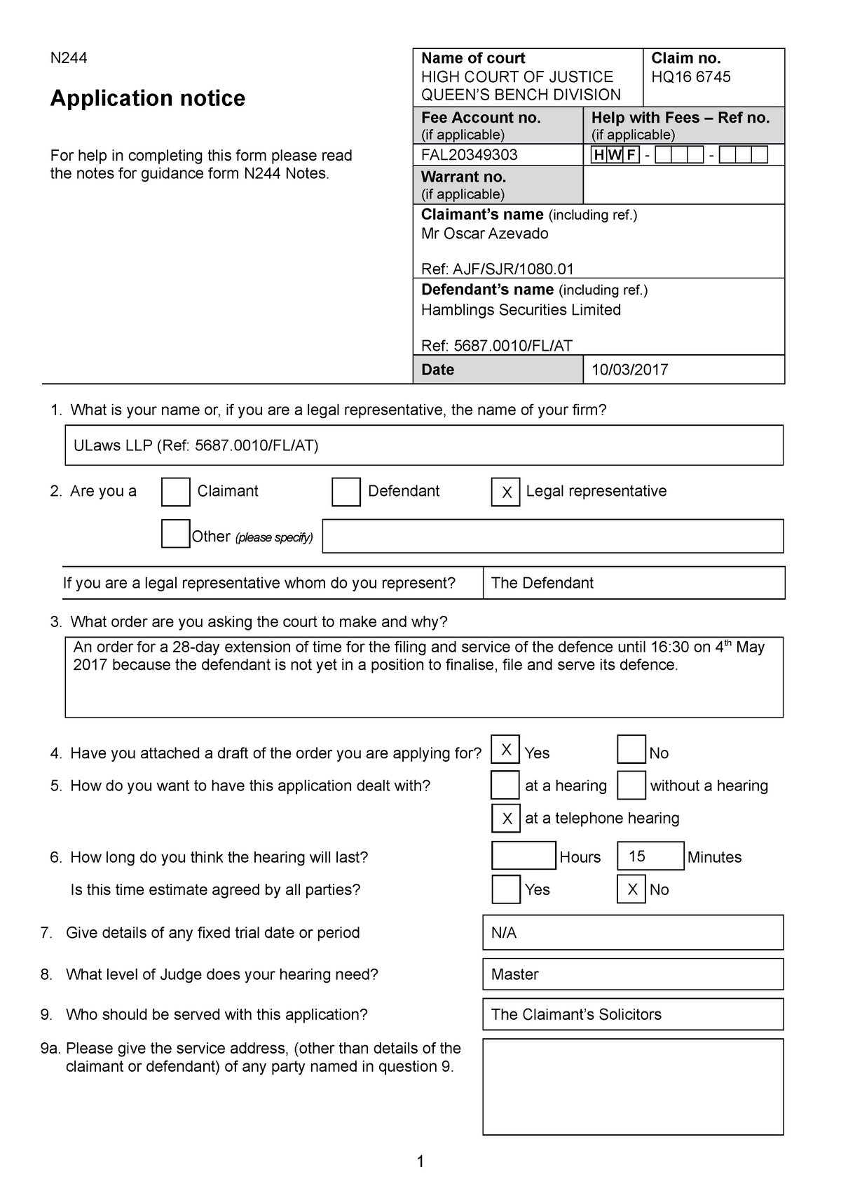 3. Example Application Notice (N244) N Application notice For help in completing this form