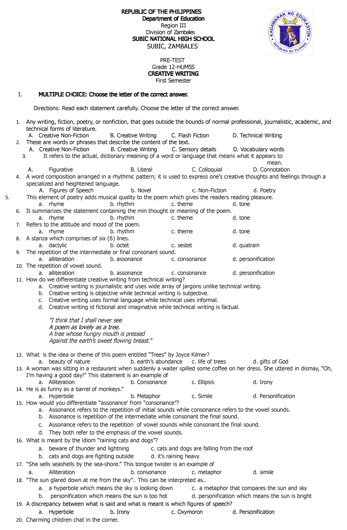 Pretest - REPUBLIC OF THE PHILIPPINES Department of Education Region ...