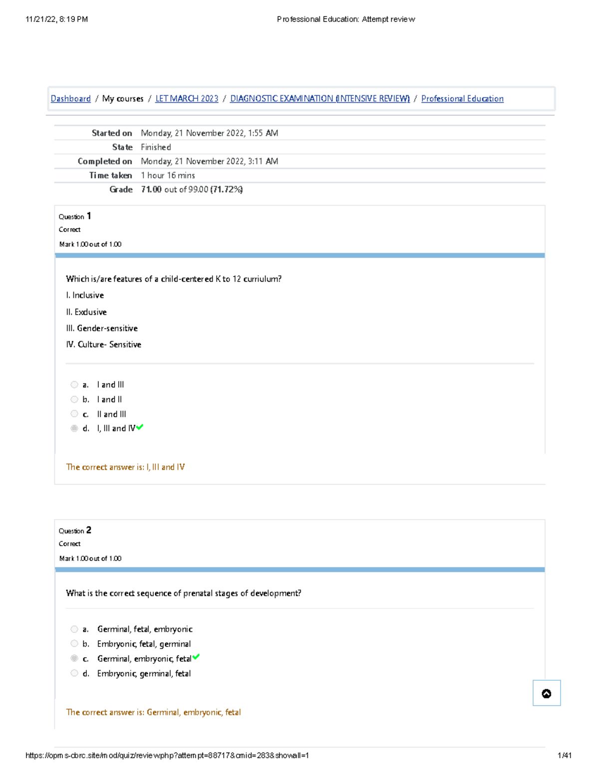 Professional Education Attempt Review - Started On Monday, 21 November 