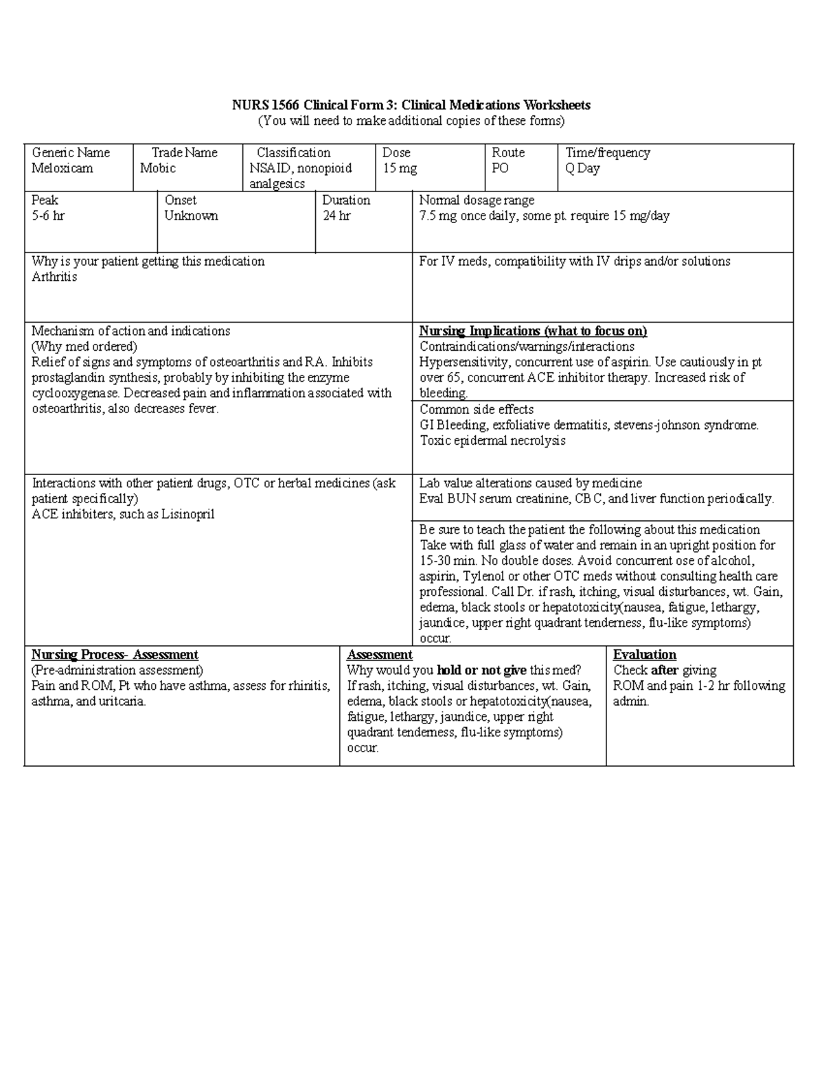 12930884 Mobic drug card - NURS 1566 Clinical Form 3: Clinical ...