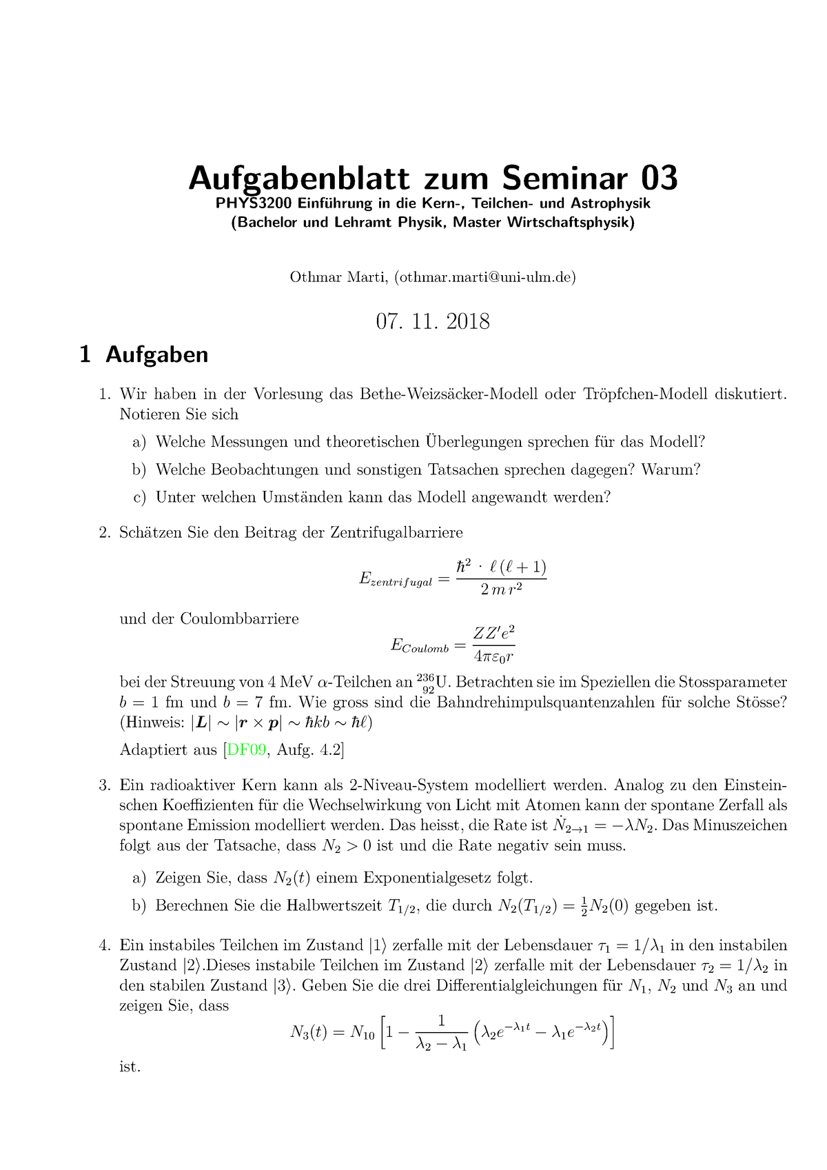 Aufgabenblatt 03 Zu Den Seminaren Vom 07. 11. 2018 Mit L”sungen ...