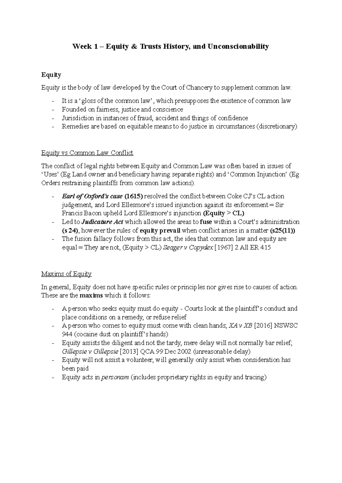 Week 1 Summary - Notes - Week 1 – Equity & Trusts History, and ...