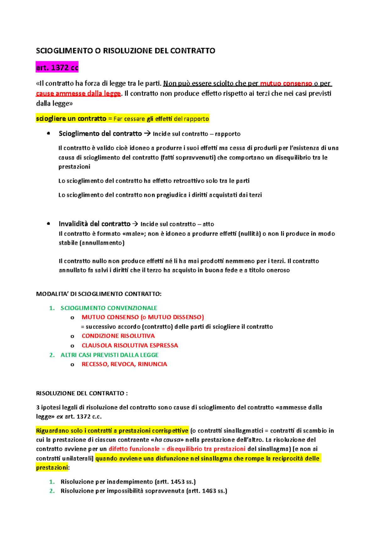 Cap Scioglimento O Risoluzione Del Contratto Scioglimento O Risoluzione Del Contratto Art