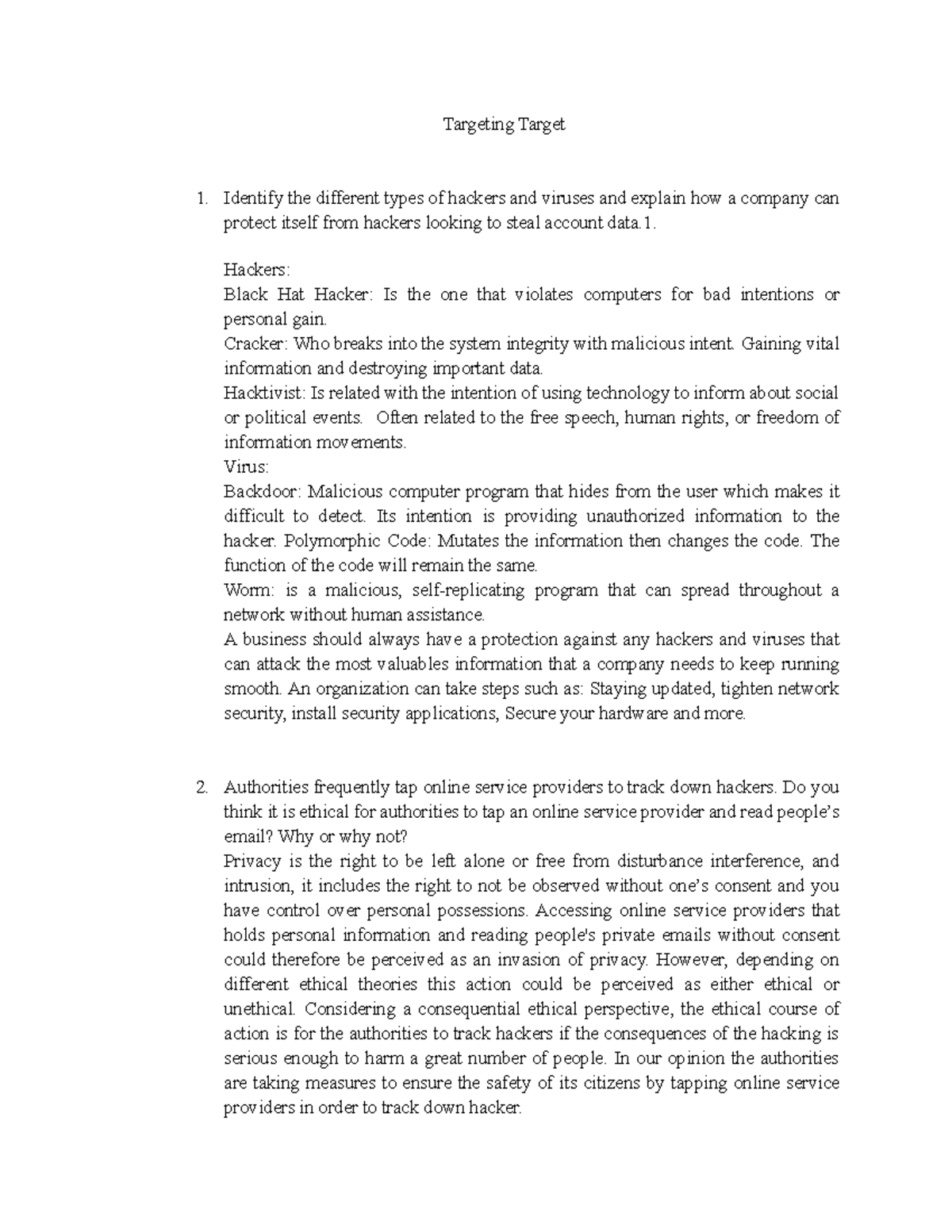 Chapter 5 Case- Targeting Target - Targeting Target Identify the ...