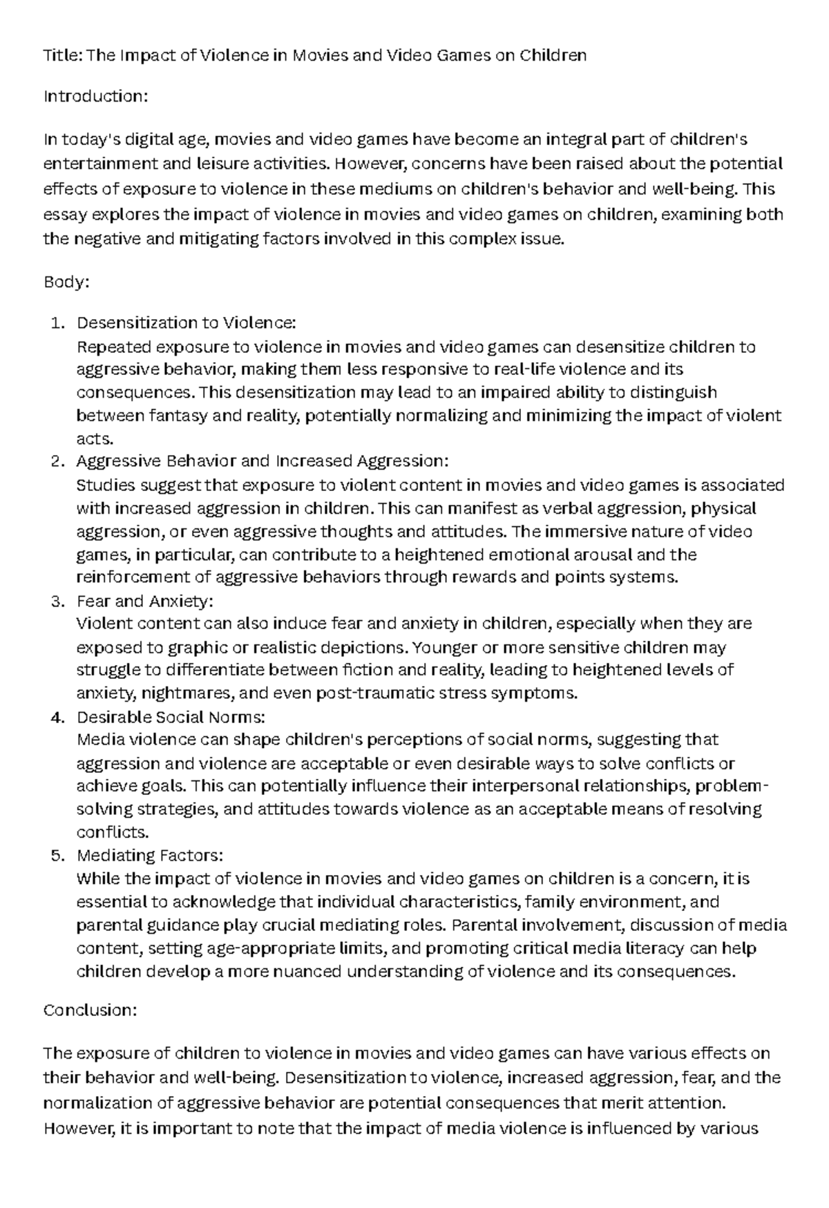 Title The Impact of Violence in Movies and Video Games on Children ...