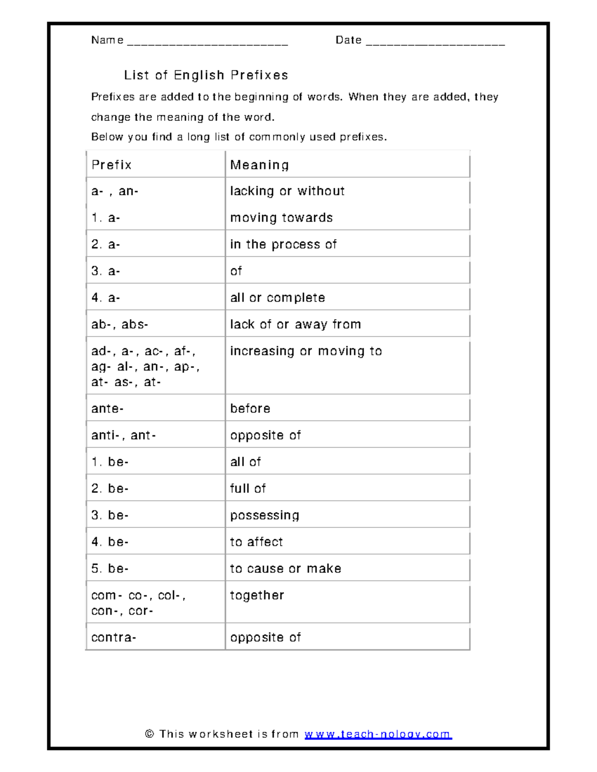 Prefixlist - root word activity - List of English Prefixes Prefixes are ...