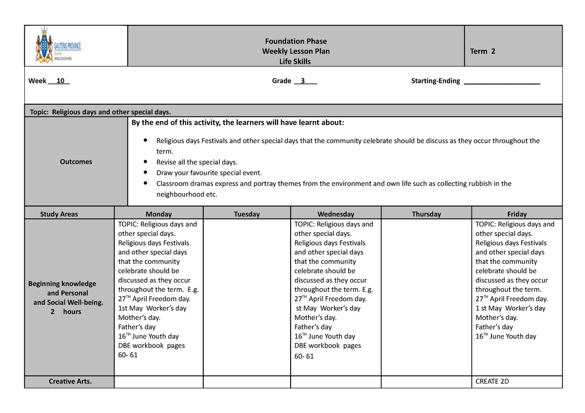 LIFE Skills Lesson Plans Grade 3 WEEK 10 1 Foundation Phase Weekly