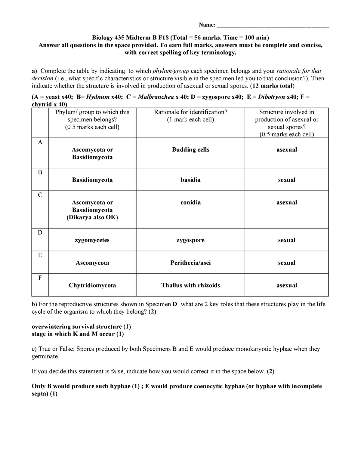 Midterm exam key Name Biology 435 Midterm B F18 (Total 56 marks