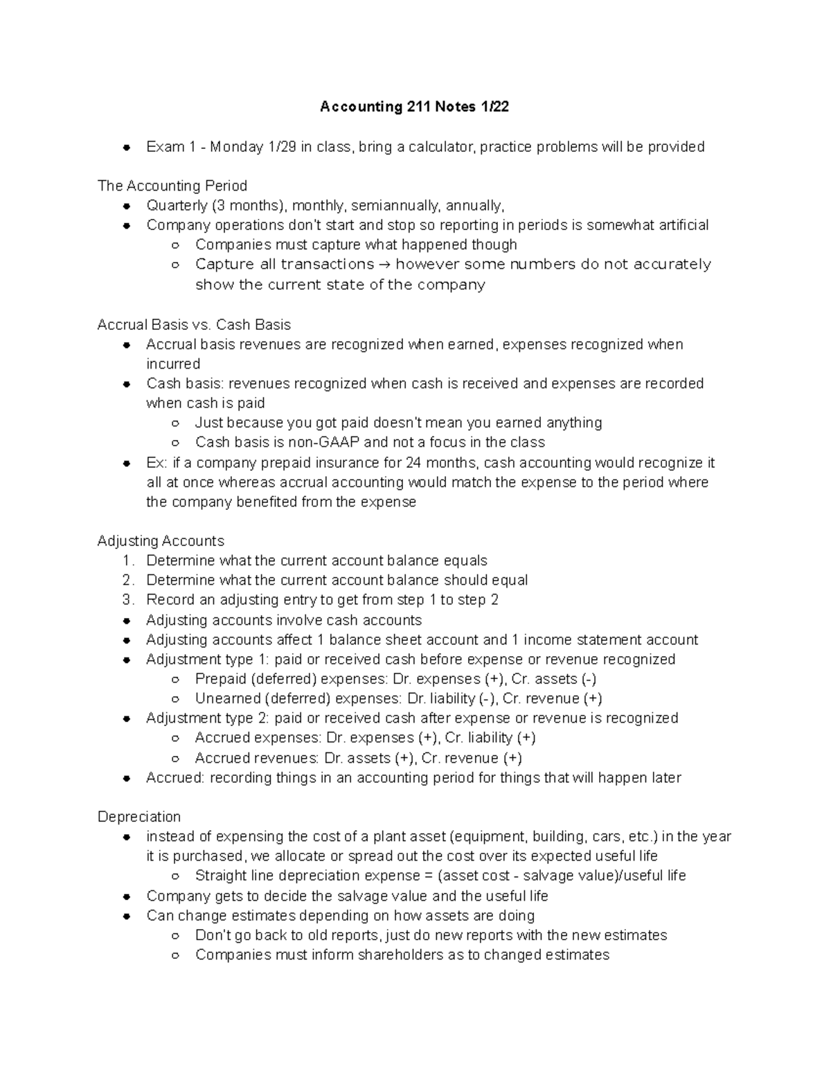 ACTG 211 Notes Class 3A - Accounting 211 Notes 1/22 Exam 1 - Monday 1/ ...