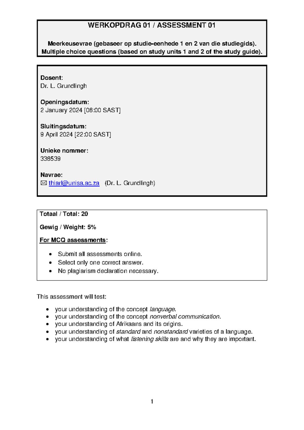 AFK1503 Werkopdrag 01 Assessment 01 2024 - Osente: Dosent: Dr. L ...