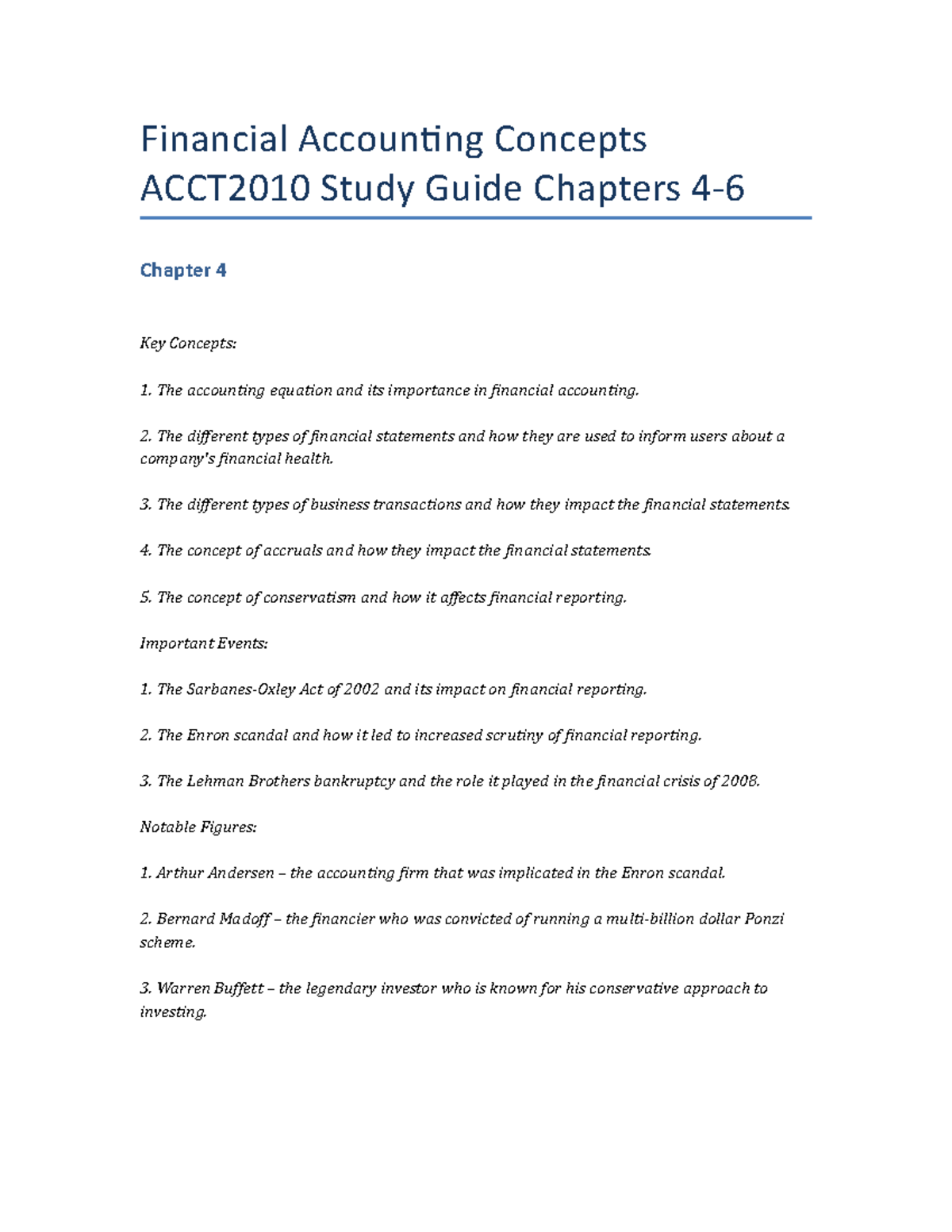 Financial Accounting Concepts ACCT2010 Study Guide Chapters 4-6 ...