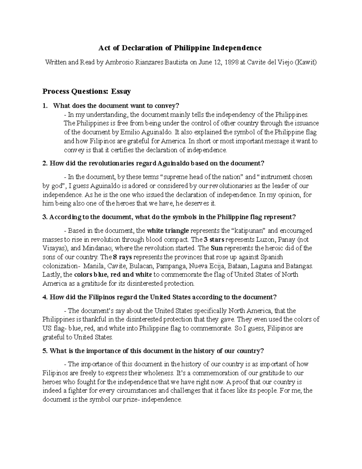 Critique paper - Act of Declaration of Philippine Independence - Act of ...