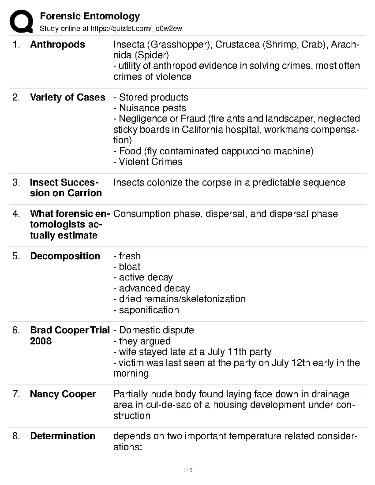 Flashcards - Forensic Entomolgy - Forensic Entomology Study Online At ...