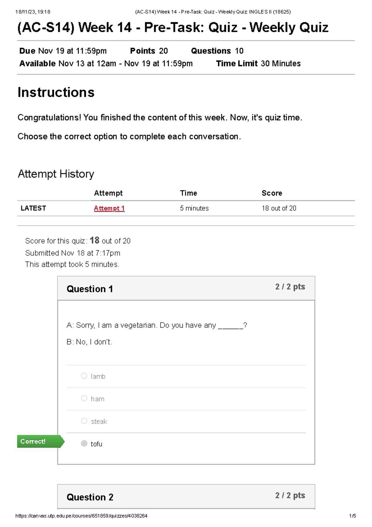 (AC-S14) Week 14 - Pre-Task Quiz - Weekly Quiz Ingles II (18625) - (AC ...