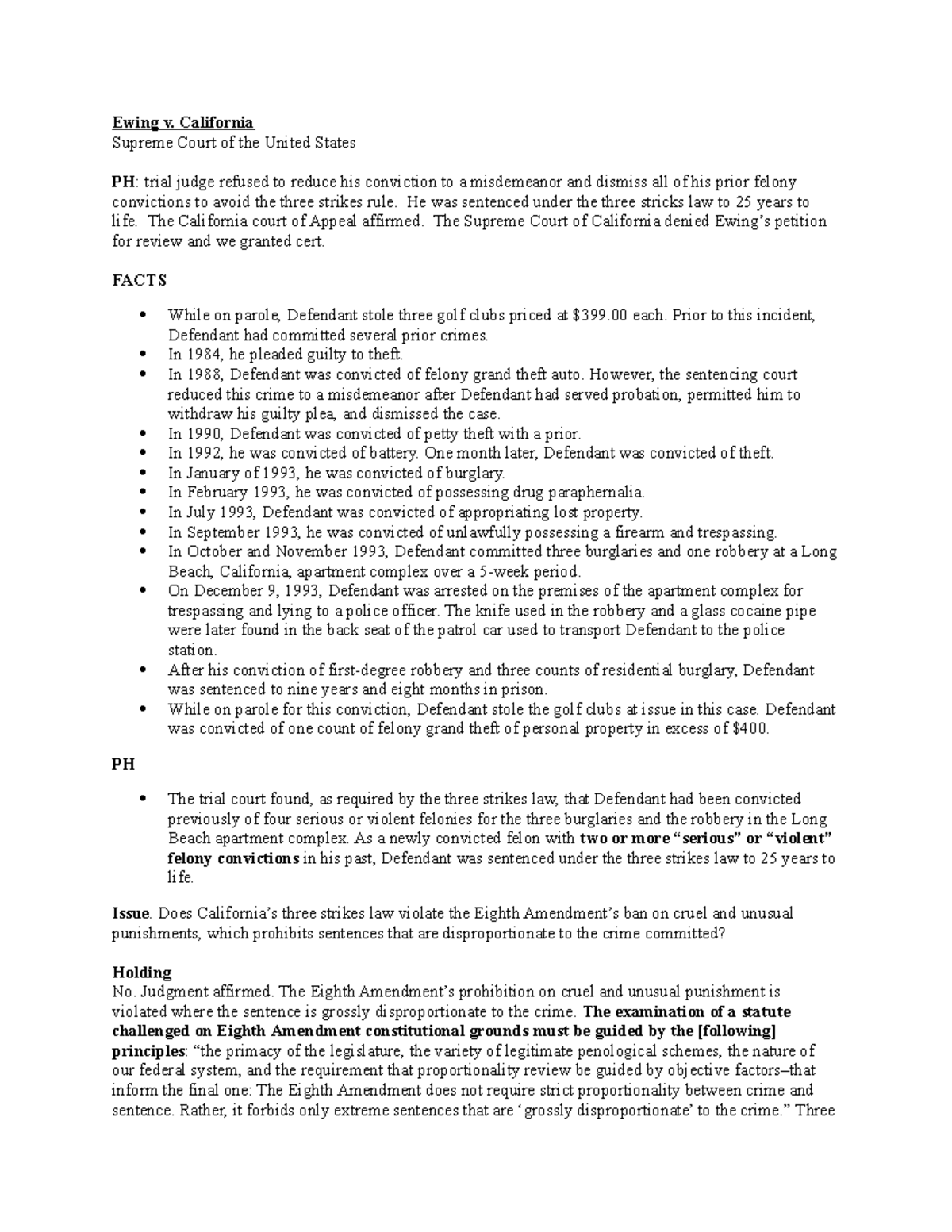 Ewing Case Brief Criminal Law 2020 - Ewing v. California Supreme Court ...