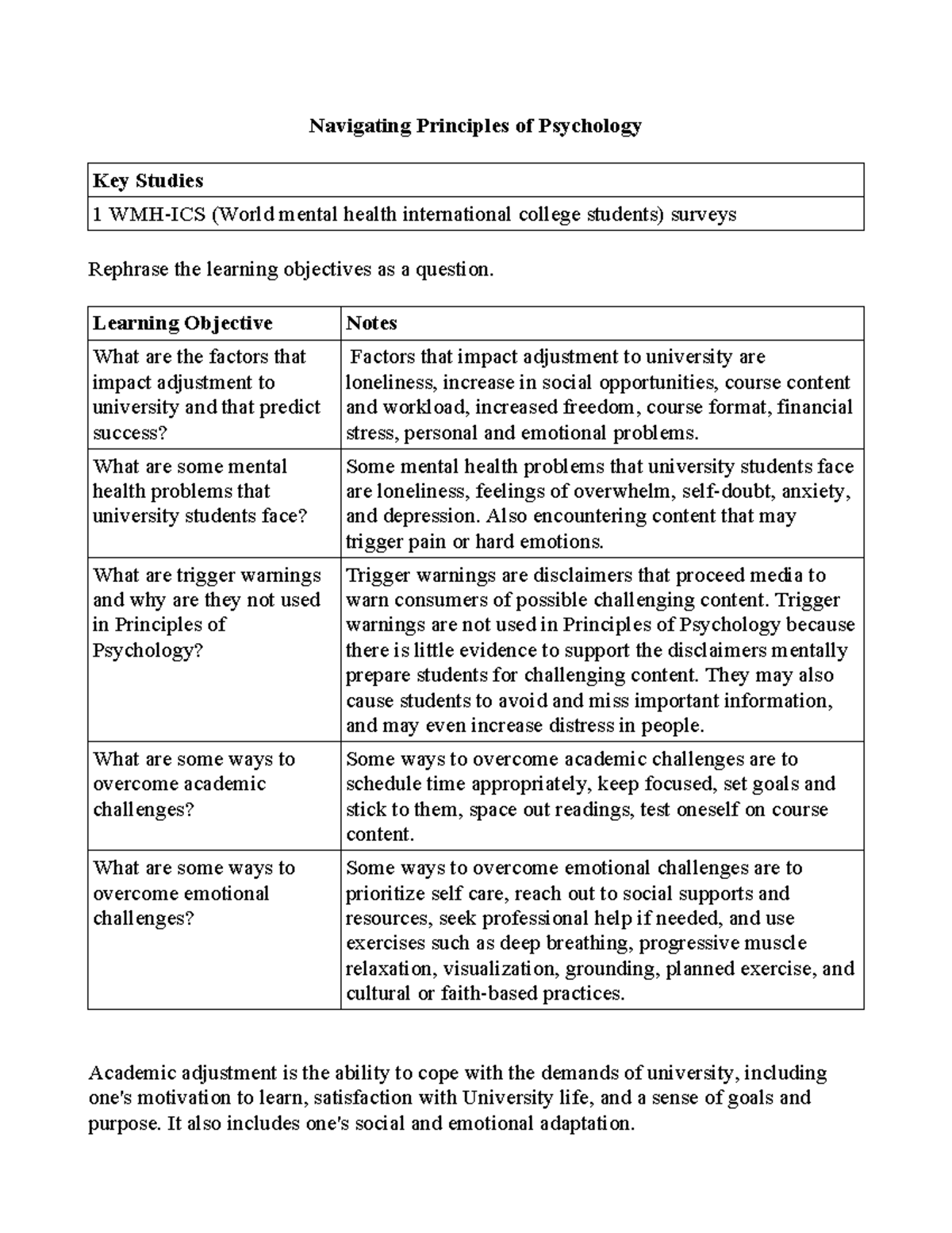 Psyc100 Week1 - Navigating Principles of Psychology Key Studies 1 WMH ...