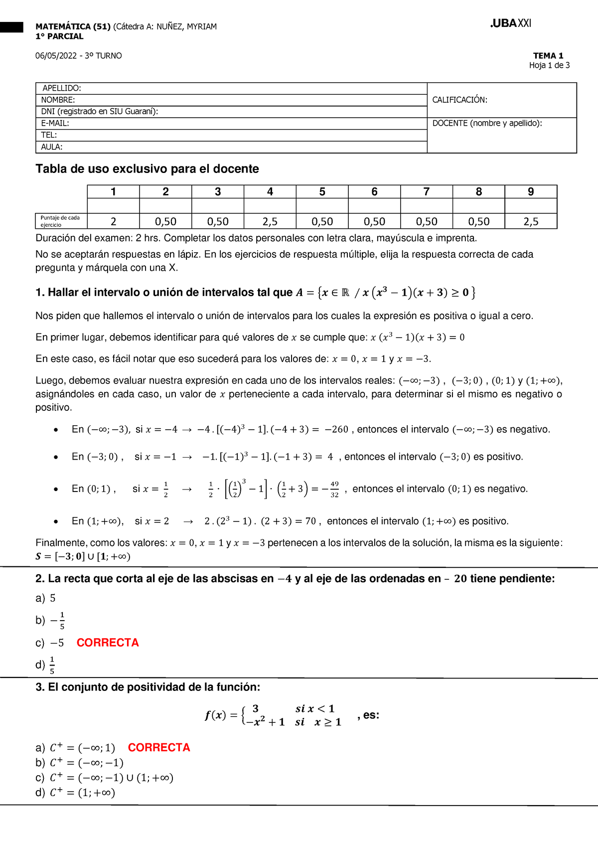 Respuestas Primer Parcial Matematica Tercer Turno TEMA 1 06-05-2022 ...