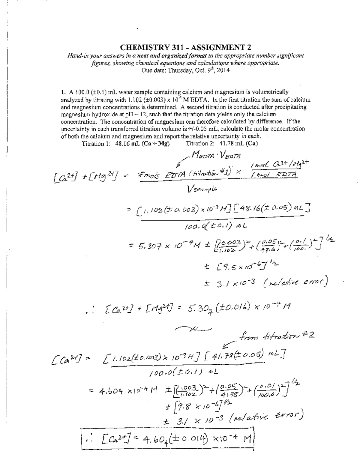 CHEM 311 Assign 2 2014 scanned solutions - CHEM311 - Studocu