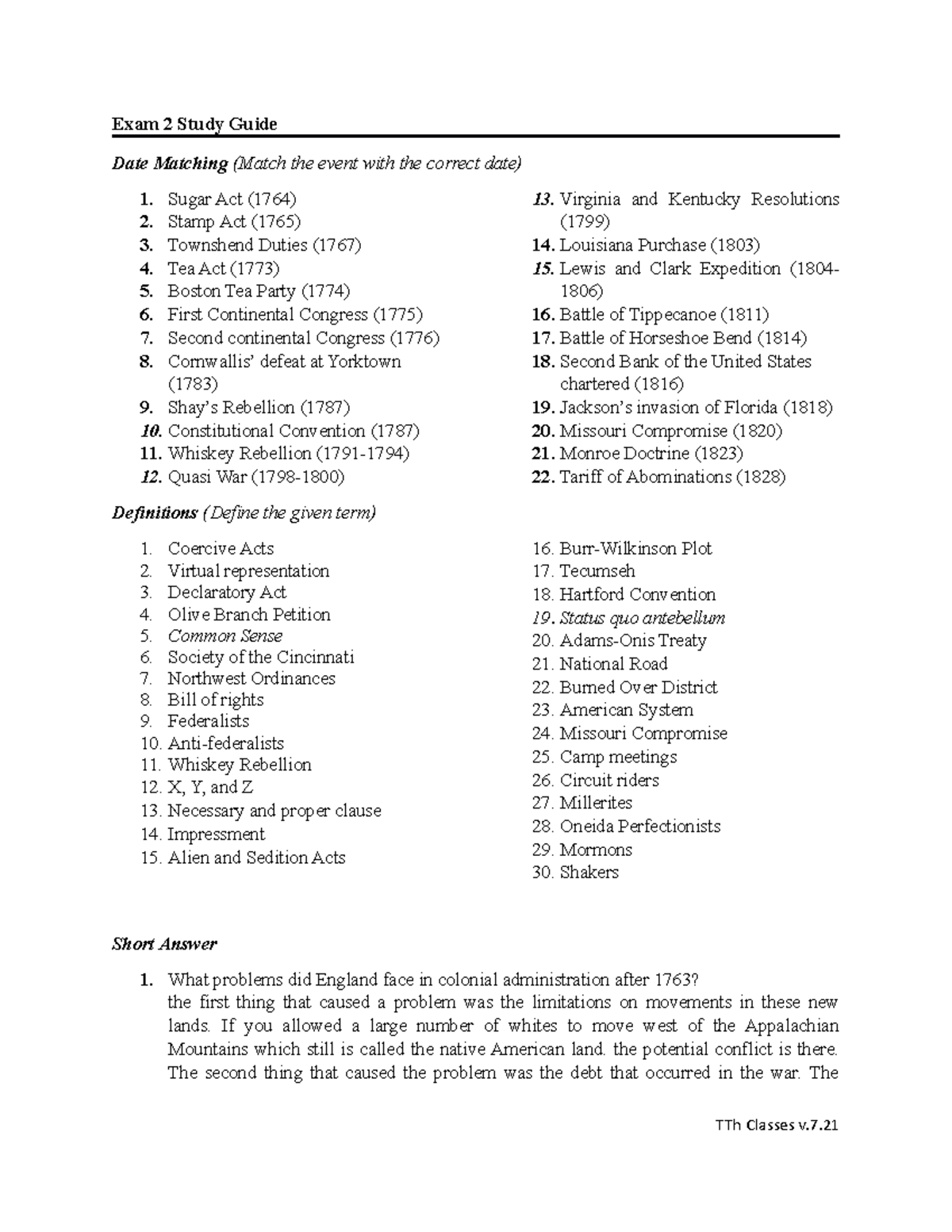 HIS1111 Exam 2 Study Guide TTh v. 7 - Exam 2 Study Guide Date Matching ...