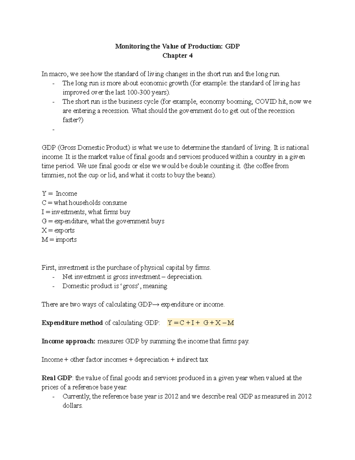 Chapter Four - Econ 1023 - Monitoring the Value of Production: GDP ...