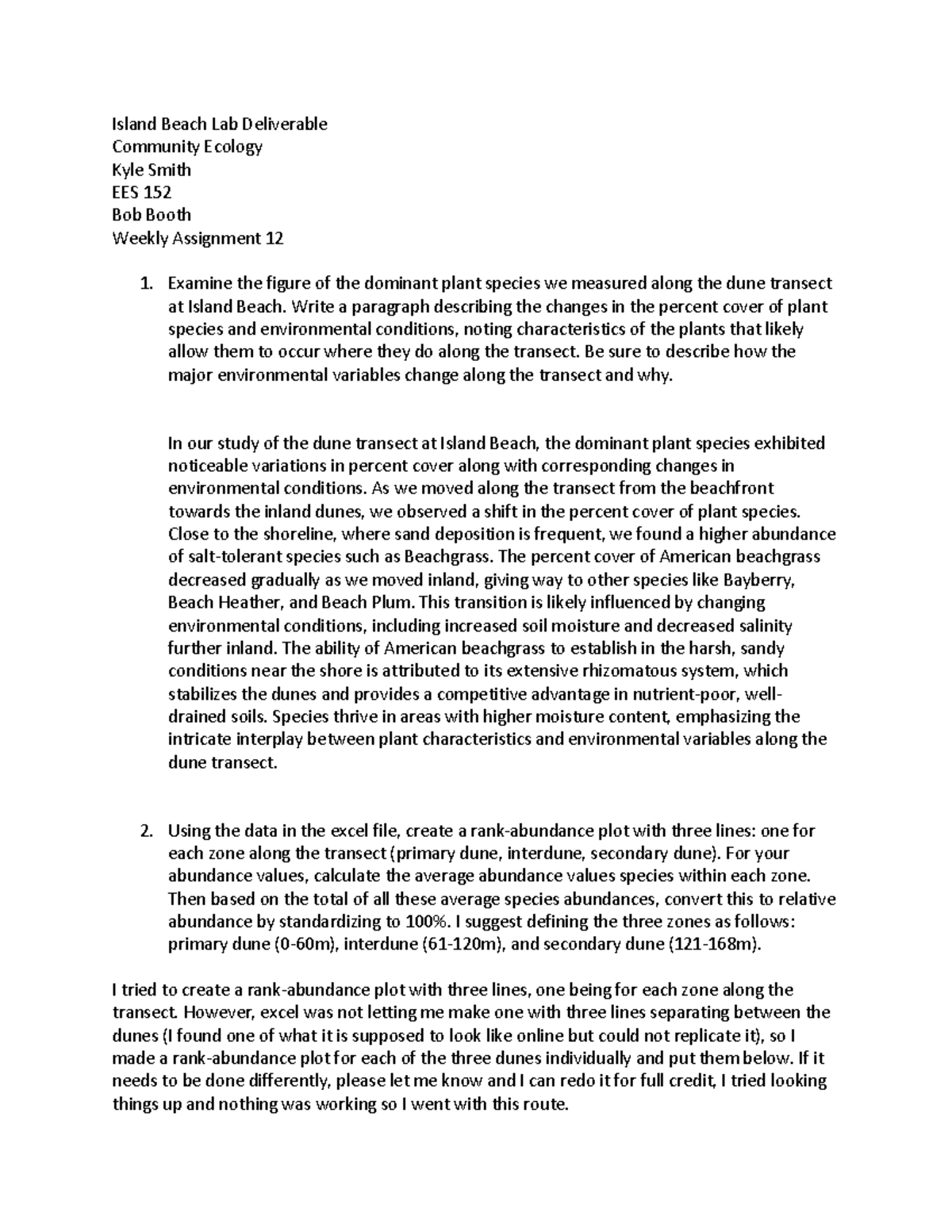 Weekly Assignment 12 - Island Beach Lab Deliverable Community Ecology ...
