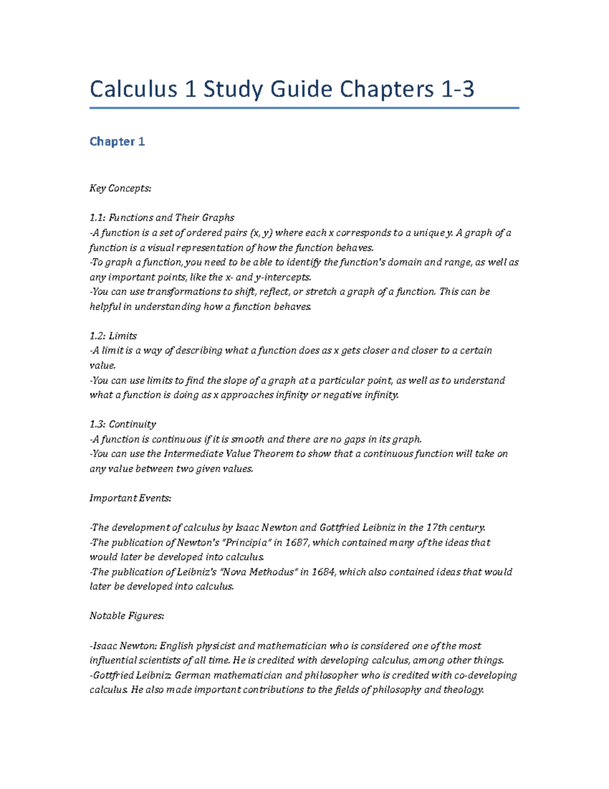 Calculus 1 Study Guide Chapters 1-3 - A graph of a function is a visual ...