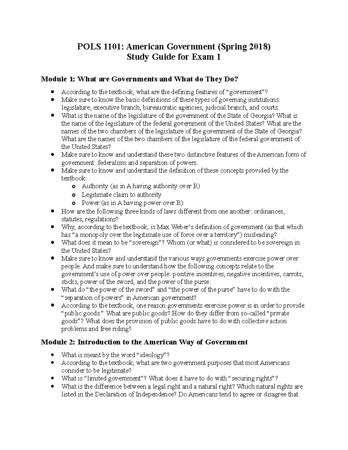 American Politics Spring 19 Study Guide 1 POLS 1101 American