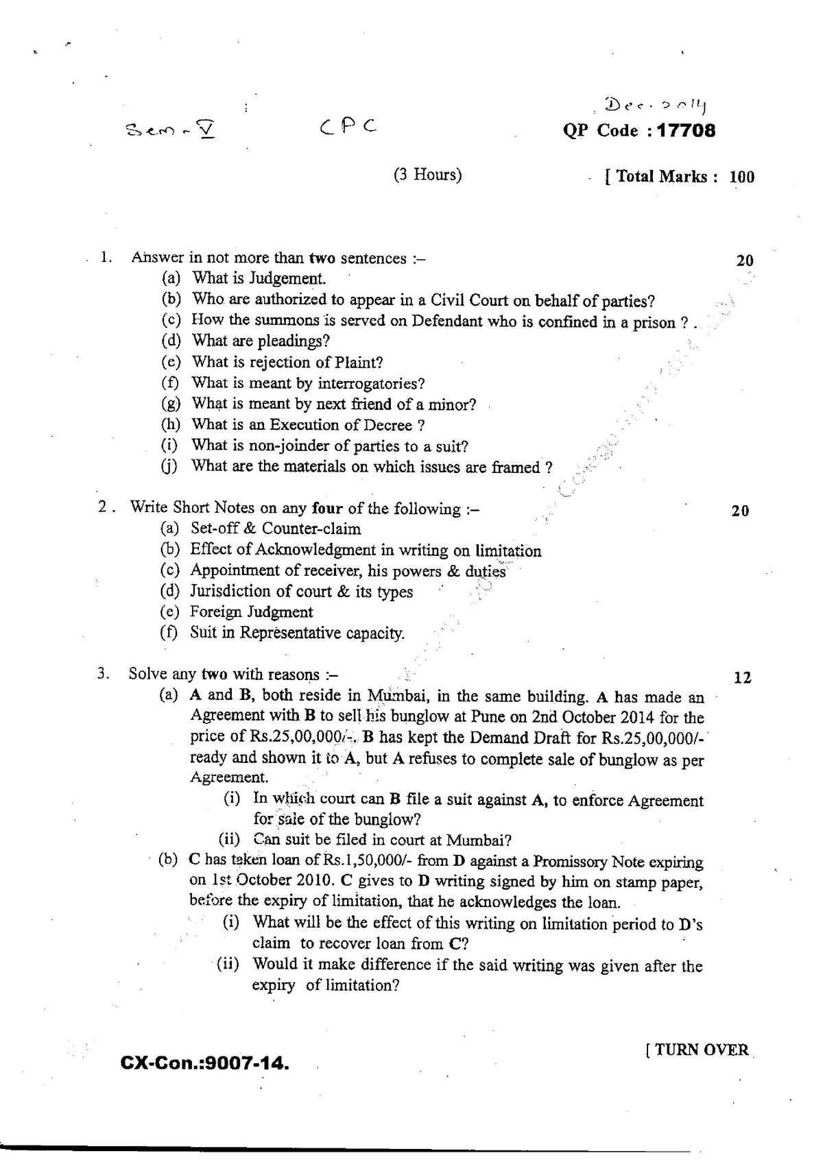 CPC 2014 Nov - Question Paper Mumbai University - Civil Procedure Code ...