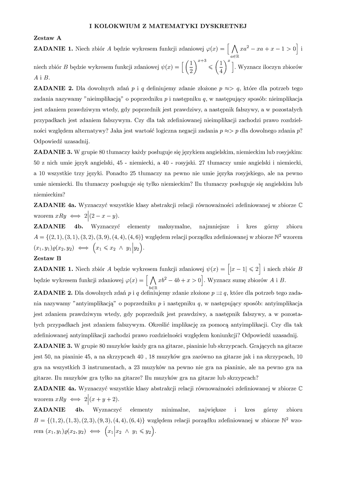 K1 Kolokwium Z Matematyki Dyskretnej Inna Grupa I Kolokwium Z Matematyki Dyskretnej Zestaw A 4432