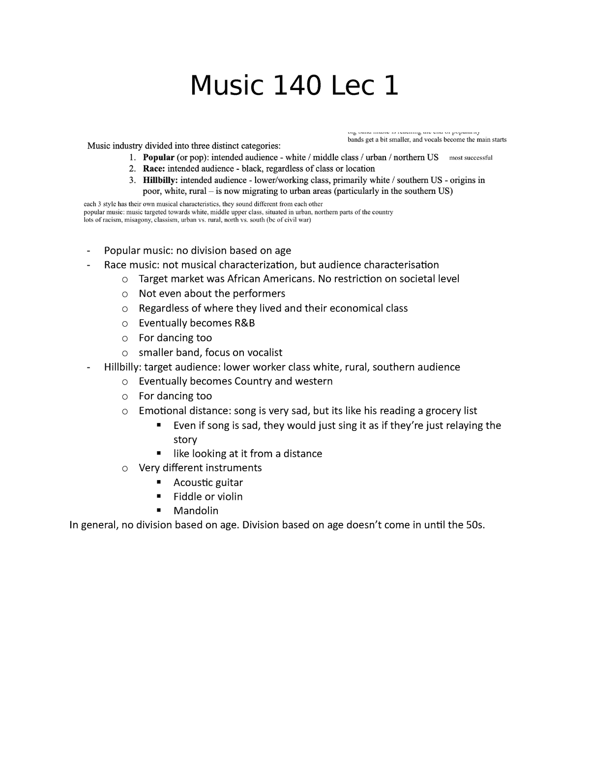 Music 140 Lec 1 - Lec 1 notes. - Music 140 Lec 1 Popular music: no ...