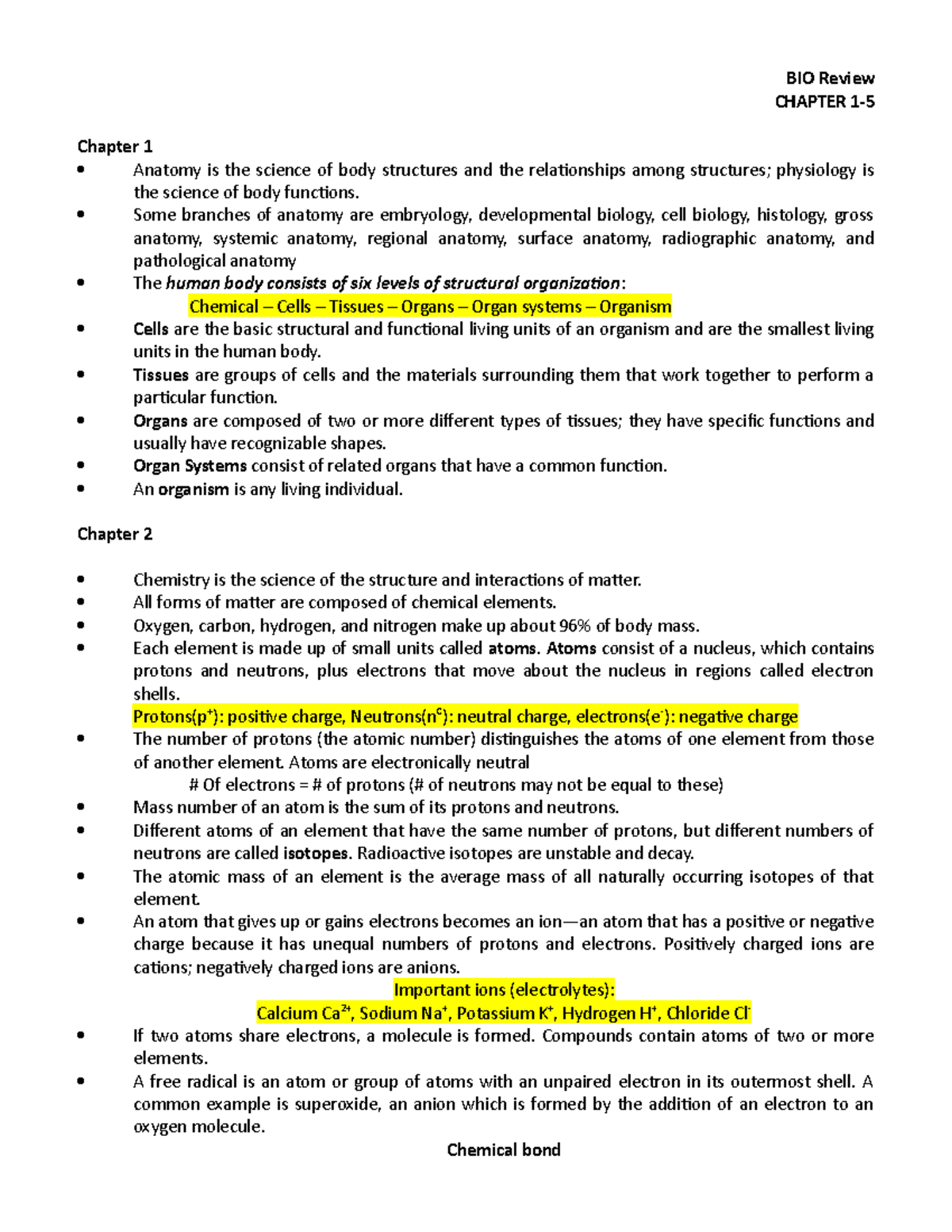 BIO Review CHAPTER 1-4 - BIO Review CHAPTER 1- Chapter 1 Anatomy is the ...