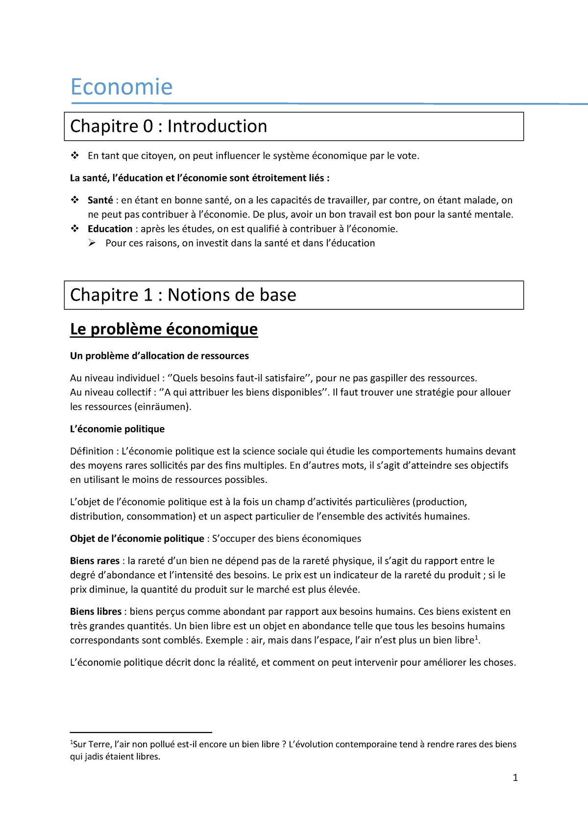 Synthèse Economie (15/20)  Economie Chapitre 0  Introduction En tant