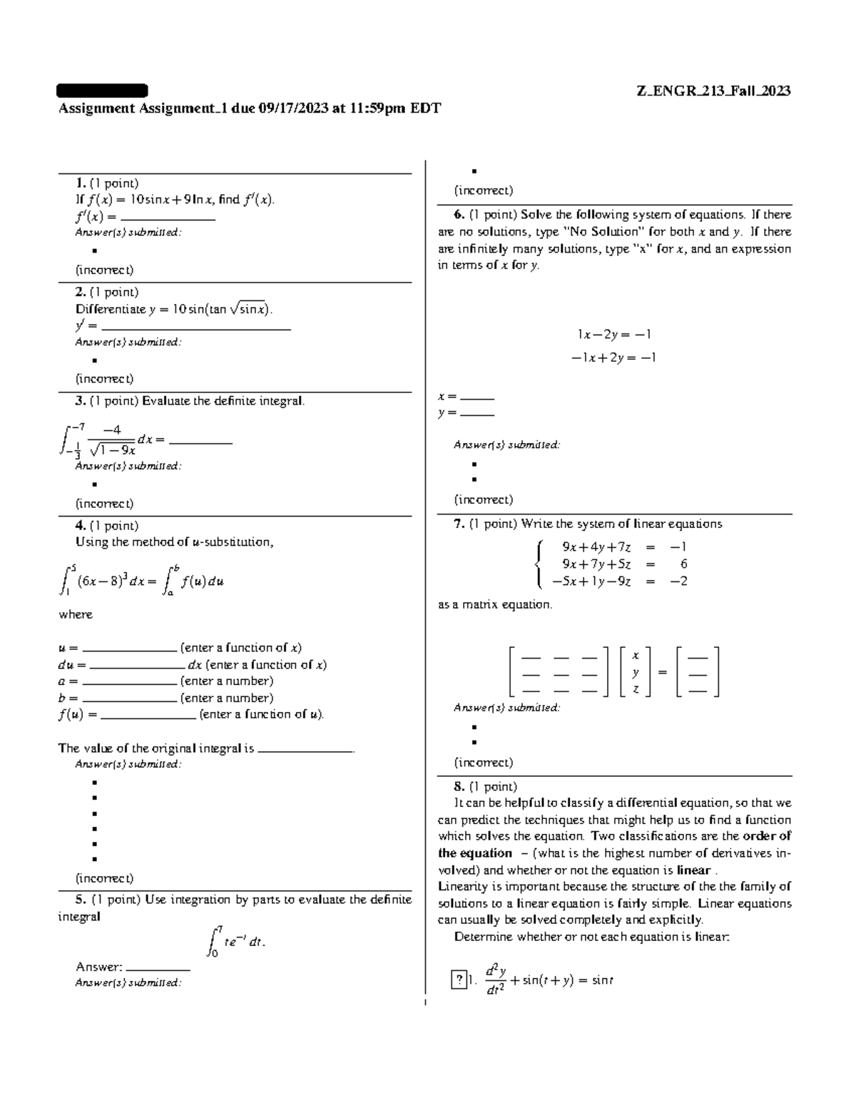 Assignment 1 Engr213 - Hamed Jamil Z Engr 213 Fall 2023 Assignment 