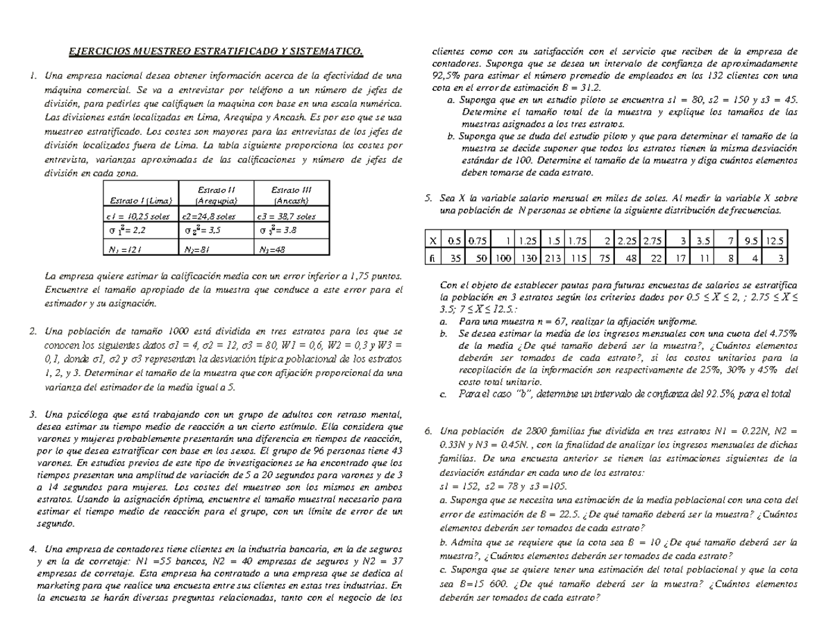 Ejercicios Muestreo Estratificado - EJERCICIOS MUESTREO ESTRATIFICADO Y