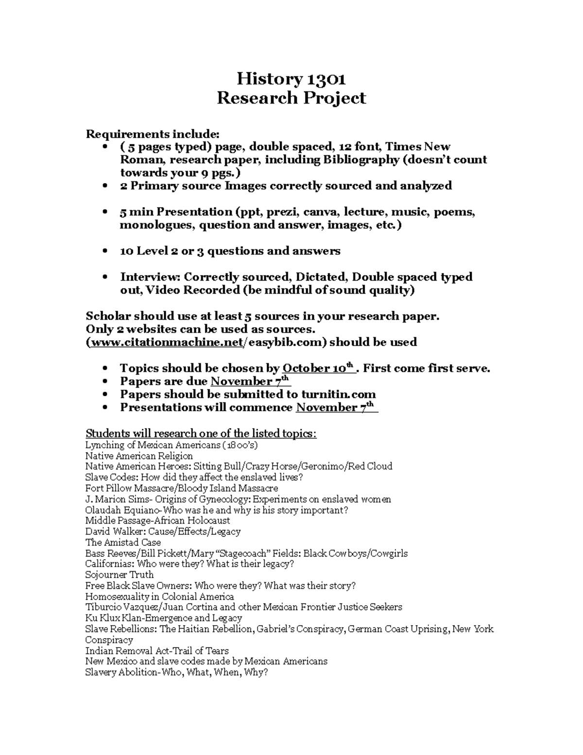 history 1301 research paper topics