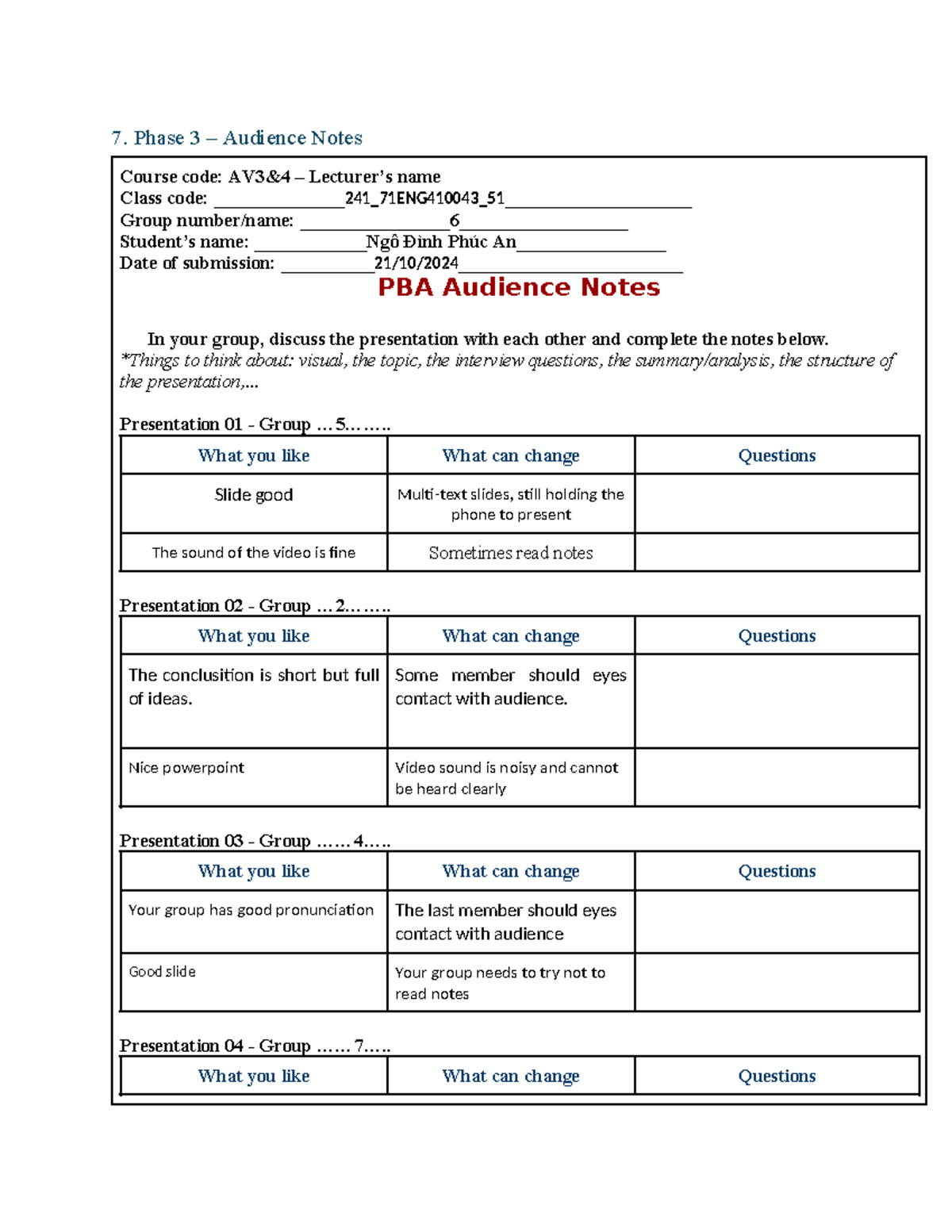 AV4- Audience notes+ Reflection - 7. Phase 3 – Audience Notes Course ...