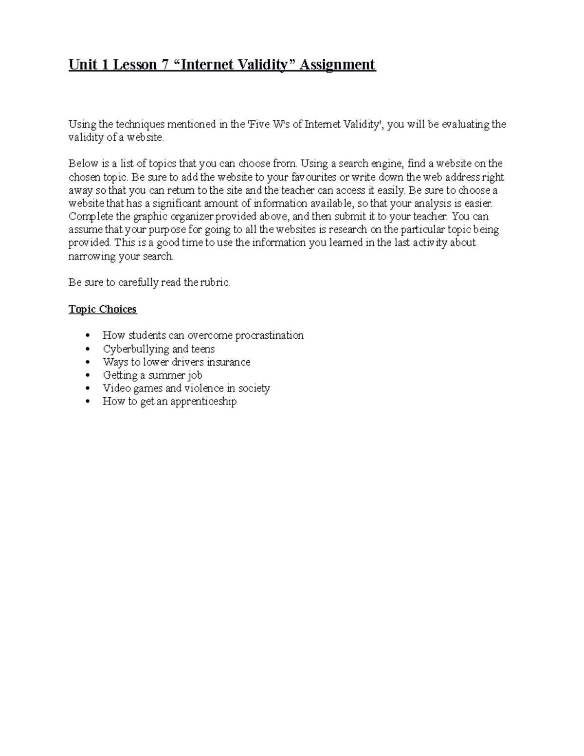 Internet Validity Activity - Unit 1 Lesson 7 “Internet Validity ...