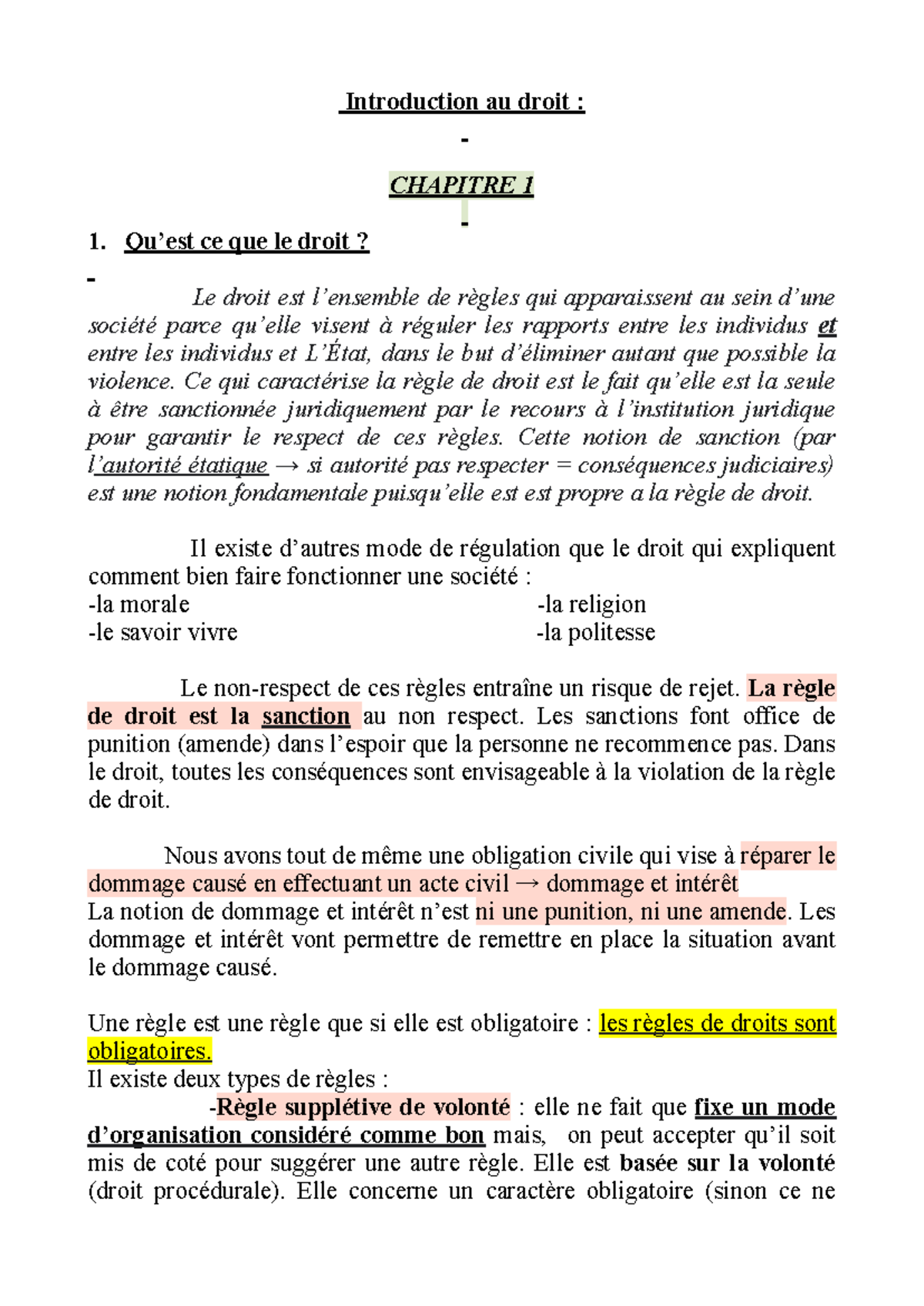 Cours Droit ( 1 Semestre ) - Introduction au droit : CHAPITRE 1 Qu’est ...