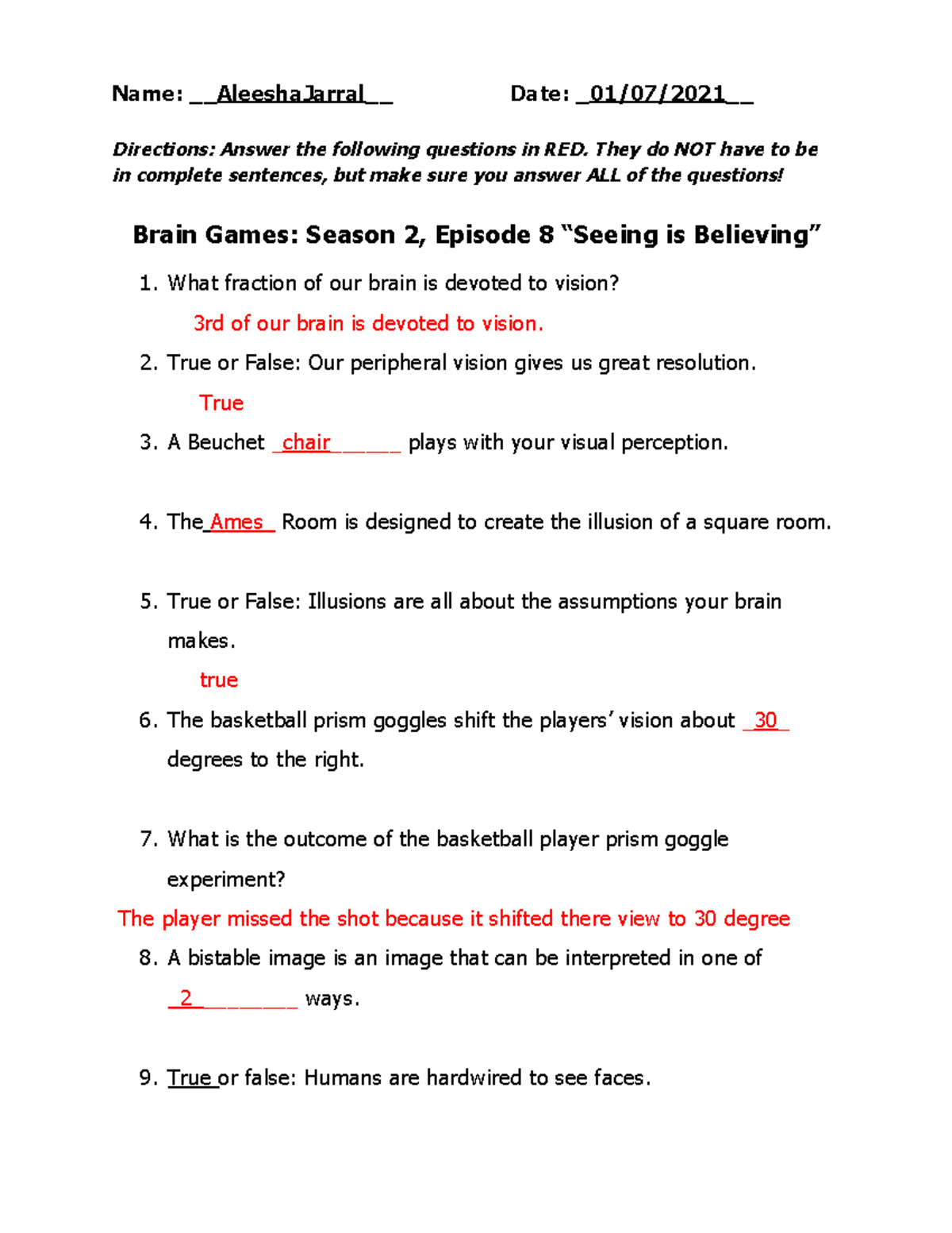 Aleesha Jarral - Brain Games - Sensation and Perception - Name:  AleeshaJarral Date: 01/07/2021_ - Studocu