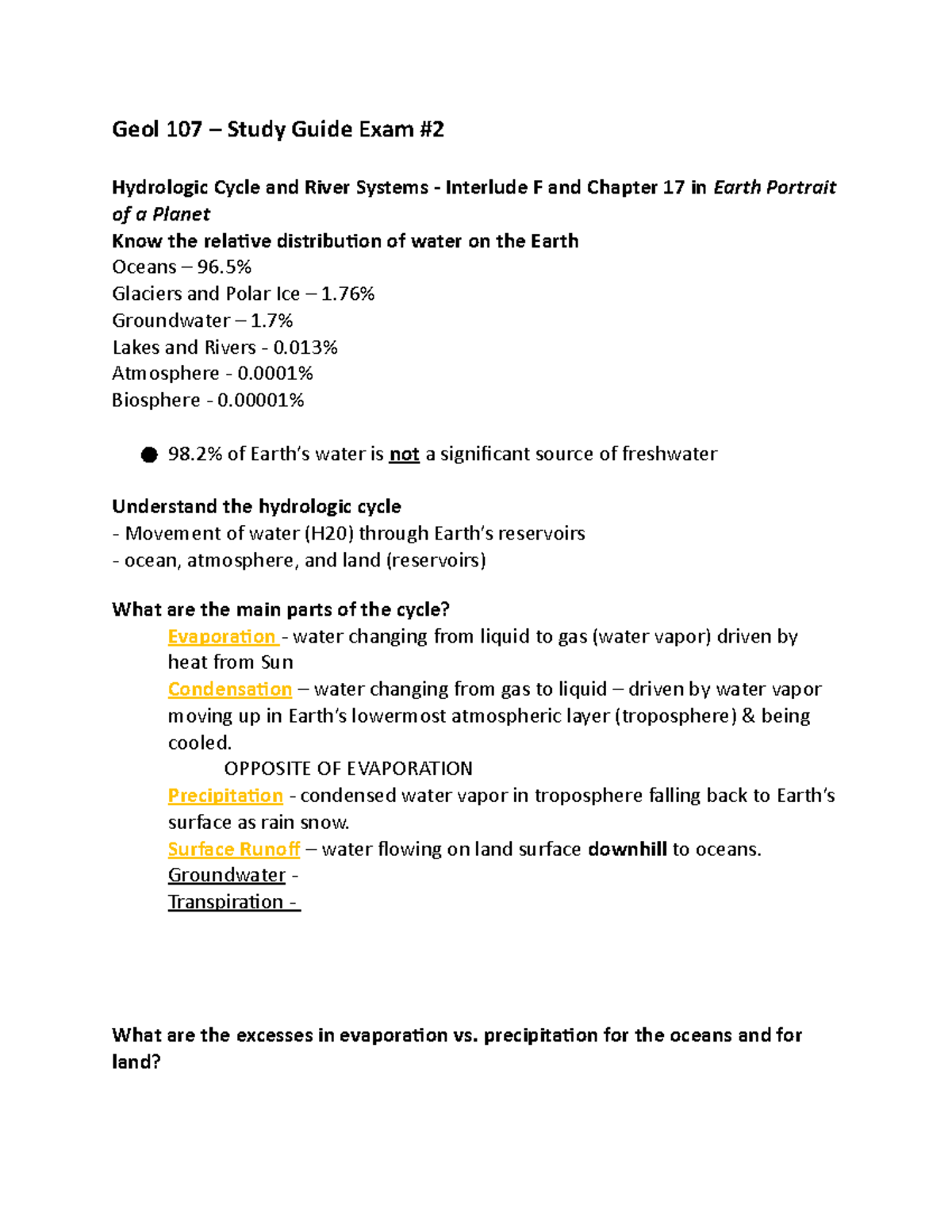 Exam 2 Geology Study Guide - Geol 107 – Study Guide Exam Hydrologic ...