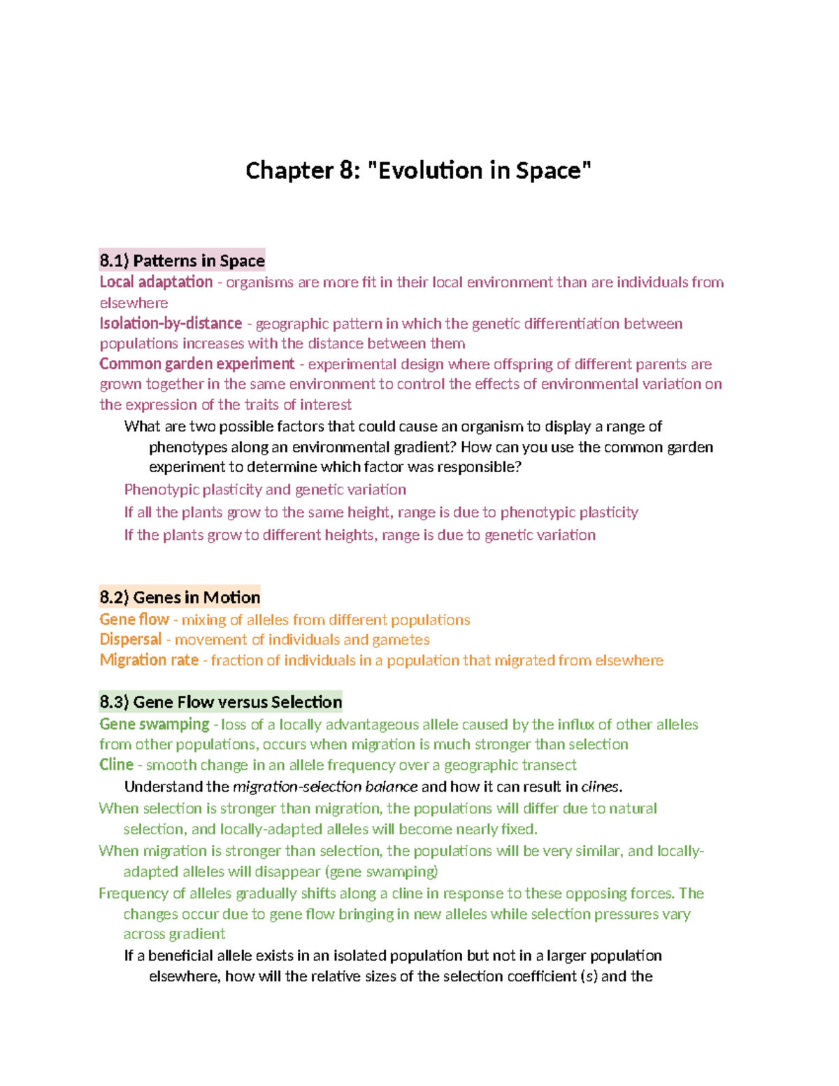 Chapter 8 study notes - Chapter 8: "Evolution in Space" 8) Patterns in ...